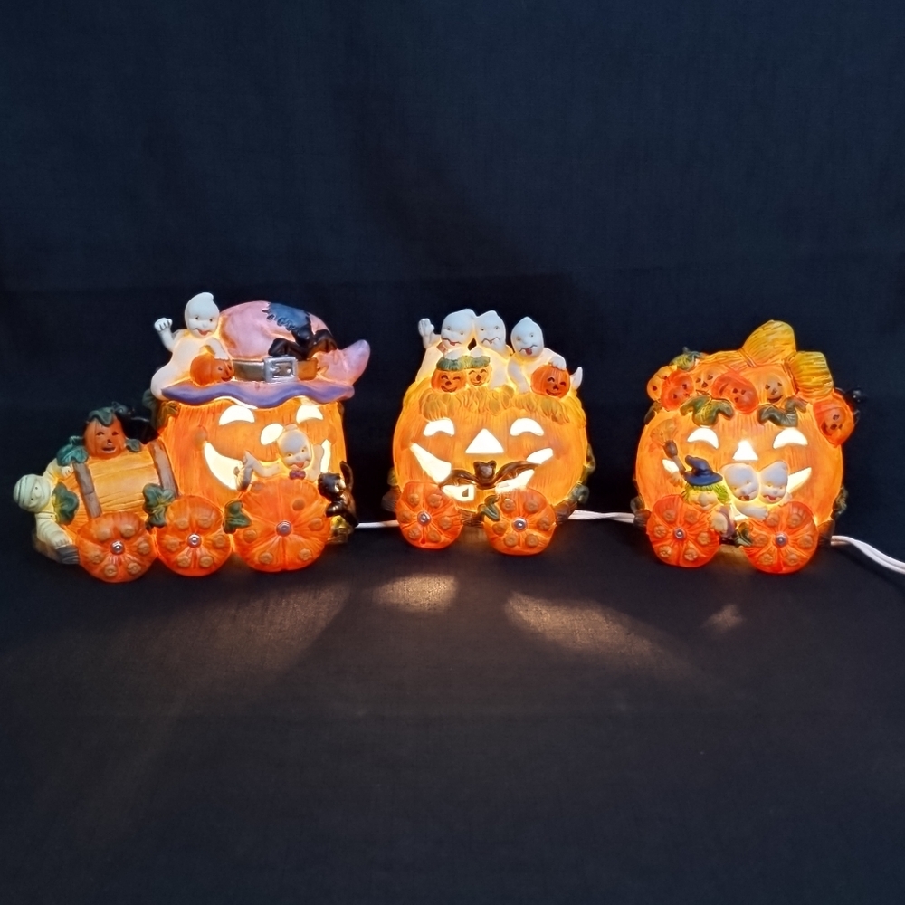 Vintage Ceramic Spooky Halloween Pumpkin Jack O Lantern Train String Lights - Picture 10 of 12